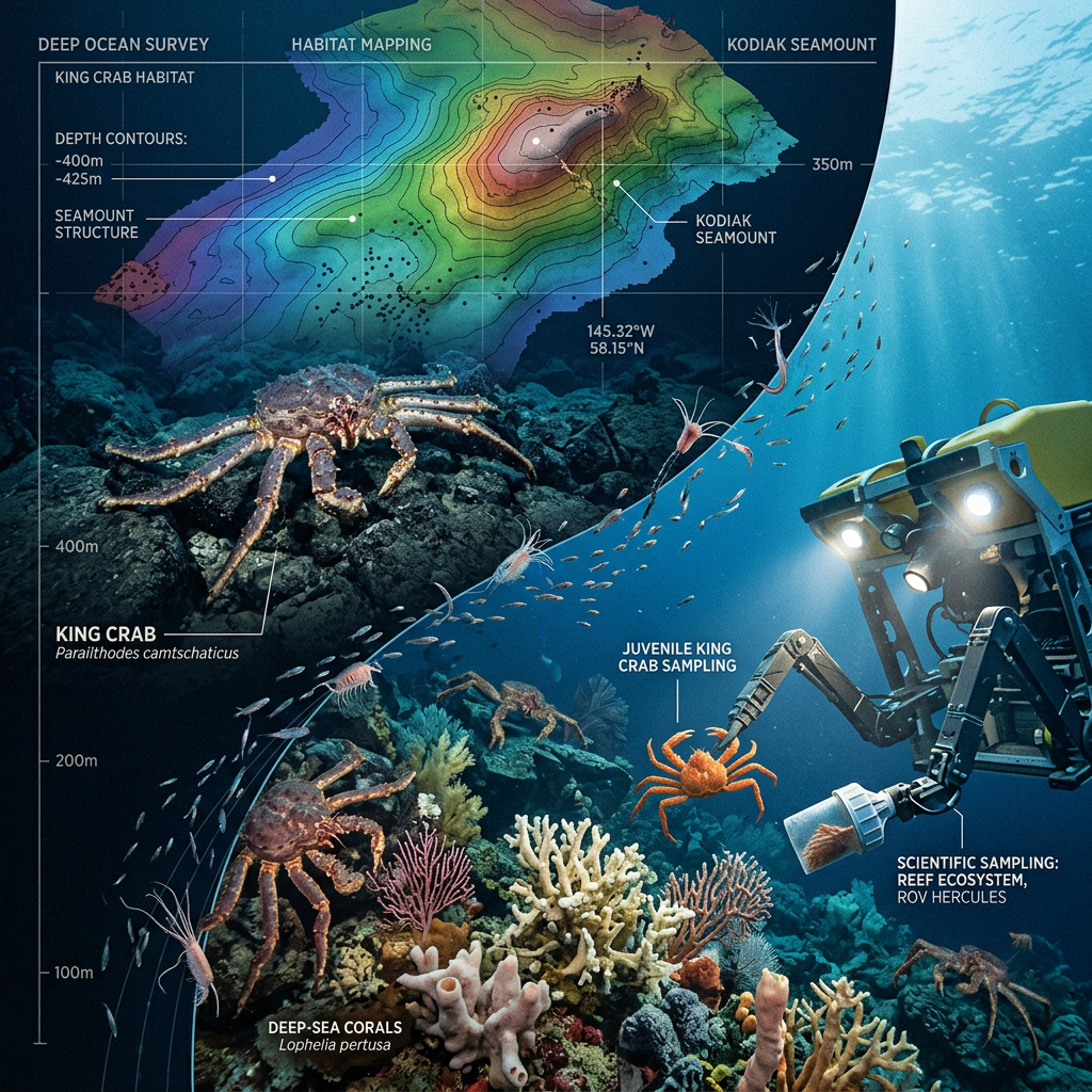 Deep Ocean Survey habitat map labeled King Crab Habitat, depth contours -400m and -42m, seamount structure, Kodiak Seamount, 350m, 145.32°W 58.15°N, King Crab Paralithodes camtschaticus, Juvenile King Crab Sampling, Scientific Sampling: Reef Ecosystem; ROV Hercules, and Deep-Sea Corals Lophelia pertusa.
